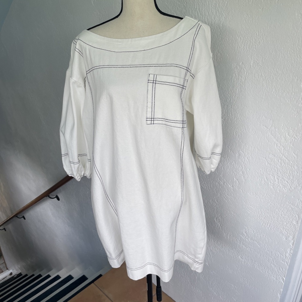 LALAVON Women's White Denim Boat Neck Dress NWOT 3/4 Puff Sleeve Medium